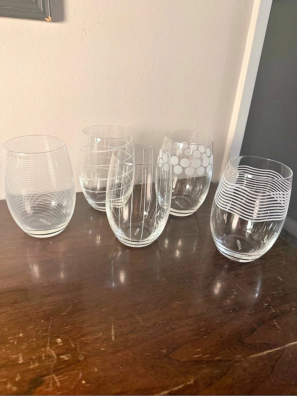 Mikasa Cheers Stemless Wine Glasses Set of 5 Clear & White